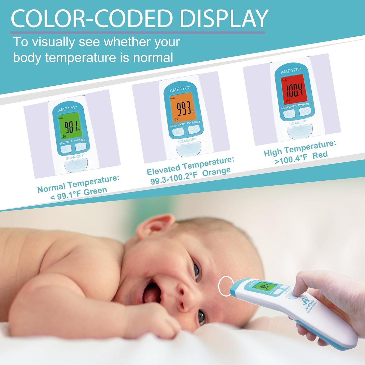 Amplim Non-Contact Forehead Thermometer & Case for Adults, Kids, Baby, FDA Cleared, Medical Grade, Touchless Infrared, 1-Sec Reading, Fever Alarm, Memory Recall, Quiet Mode, (White)