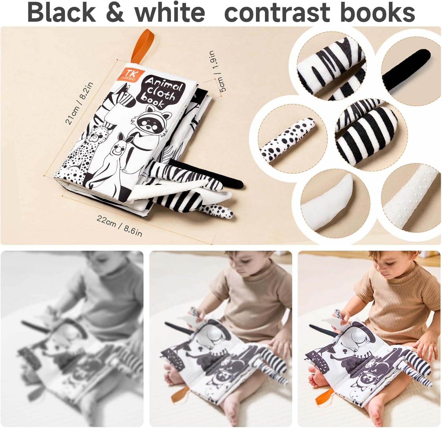 TUMAMA TK 3PCS Baby Books 0-6 Months, Soft Cloth Books for Babies Infants Toddler, Touch and Feel Crinkle Cloth Books 6 to 12 Months, Early Development Interactive Toys Gifts for Boys Girls