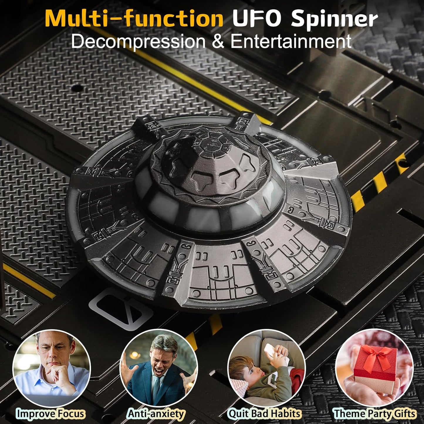 Cool UFO Fidget Spinner Glow in The Dark, Handheld Metal Fingertip Toy, Luminous Desk Fidgit for Kids Adults, Anti Anxiety Stress Relief Fidgeting Alien Gifts for Office