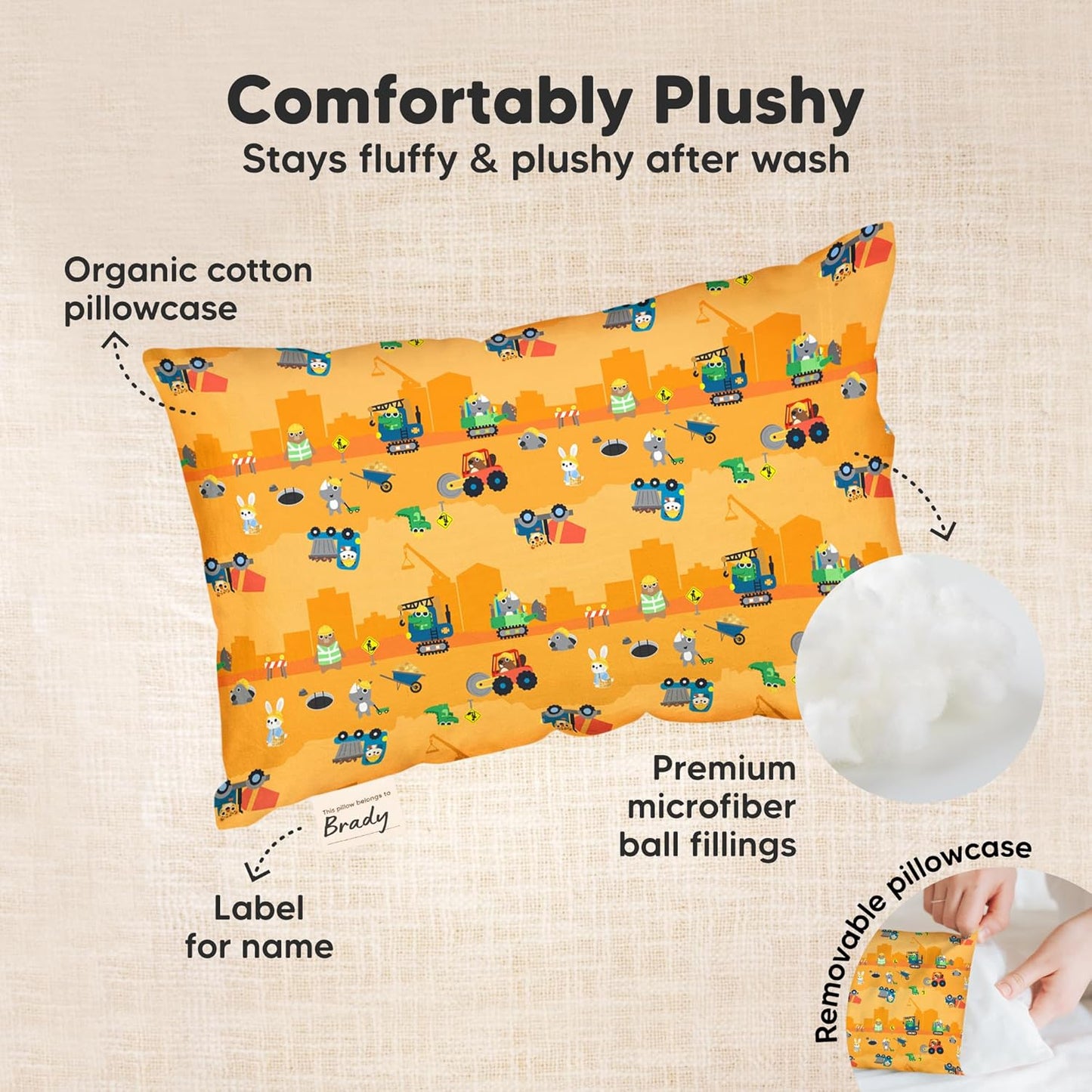 Mini Toddler Pillow with Pillowcase - 9x13 My Little Dreamy Travel Kids Pillow for Sleeping, Toddler Bed, Small, Tiny, Organic Cotton Pillowcase, Soft & Breathable,Kids 2-4 Years Old (Little Builders)