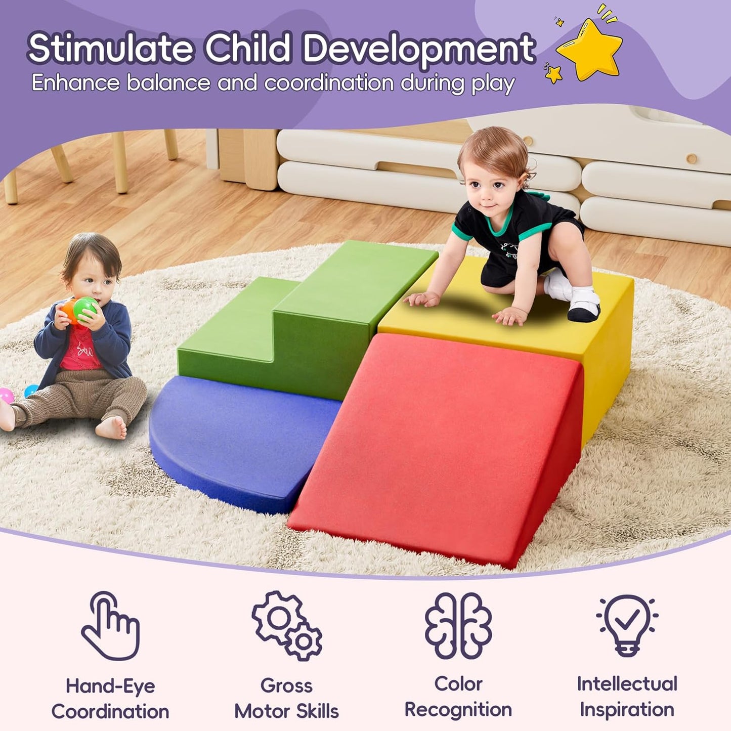 4 Piece Foam Climbing Blocks for Toddlers, Baby Climbing Gym with Ultra High Density Foam for Crawling and Sliding, Indoor Soft Play Set for Infant, Babies & Kids - Multicolor (Multicolor B, 4-Piece)