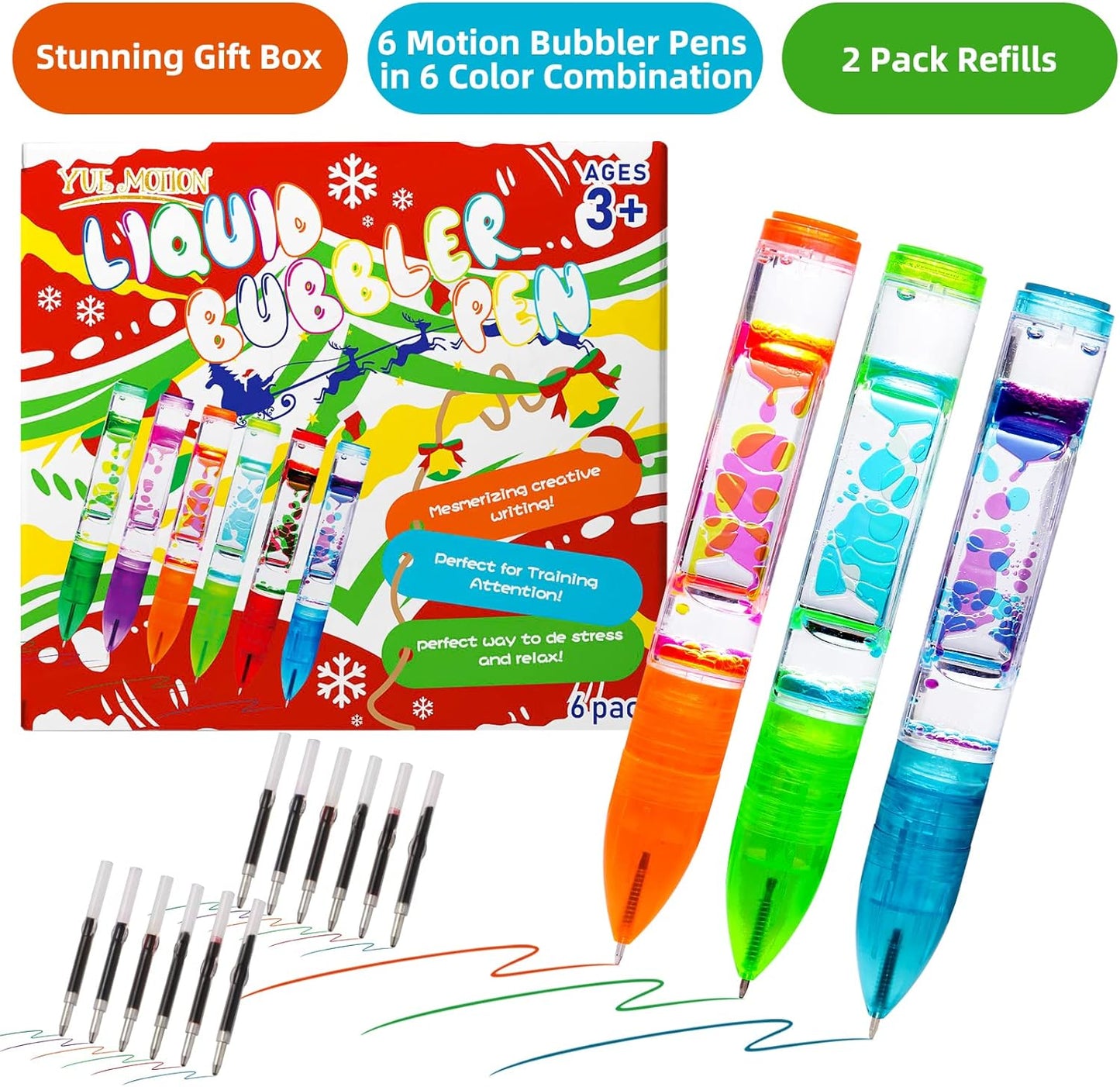YUE MOTION Liquid Motion Bubbler Pens - Colorful Liquid Ballpoint Pen for Back to School Gift,Stocking Stuffers, Easter Basket Stuffers -Fidget Toy Pen for Stress Relief and Anxiety(6 Pack)