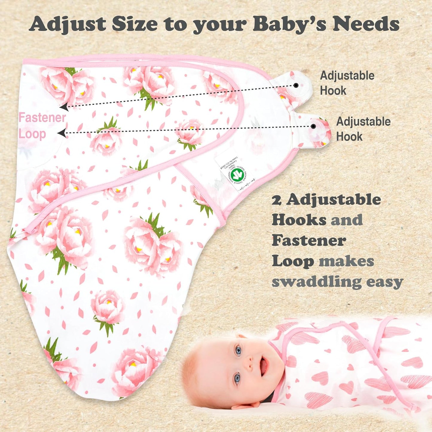 Bublo Baby Swaddles for Newborns – 3-Pack Infant Swaddles 0-3 Months – Adjustable Swaddle Sleep Sack – Soft Organic Cotton Baby Wrap for Safe & Cozy Sleep (Hearts-Flowers)