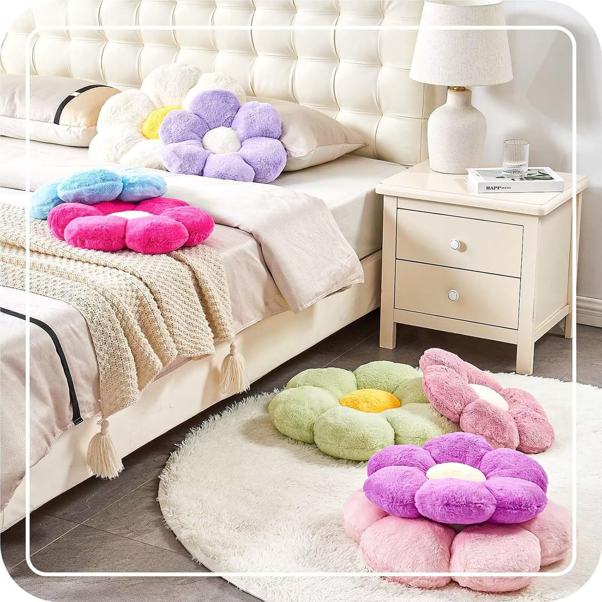 White Flower Plush Throw Pillow, Cute Decorative Flower Shaped with Faux Rabbit Fur, 14.9" Soft Throw Pillow for Bedroom Living Room
