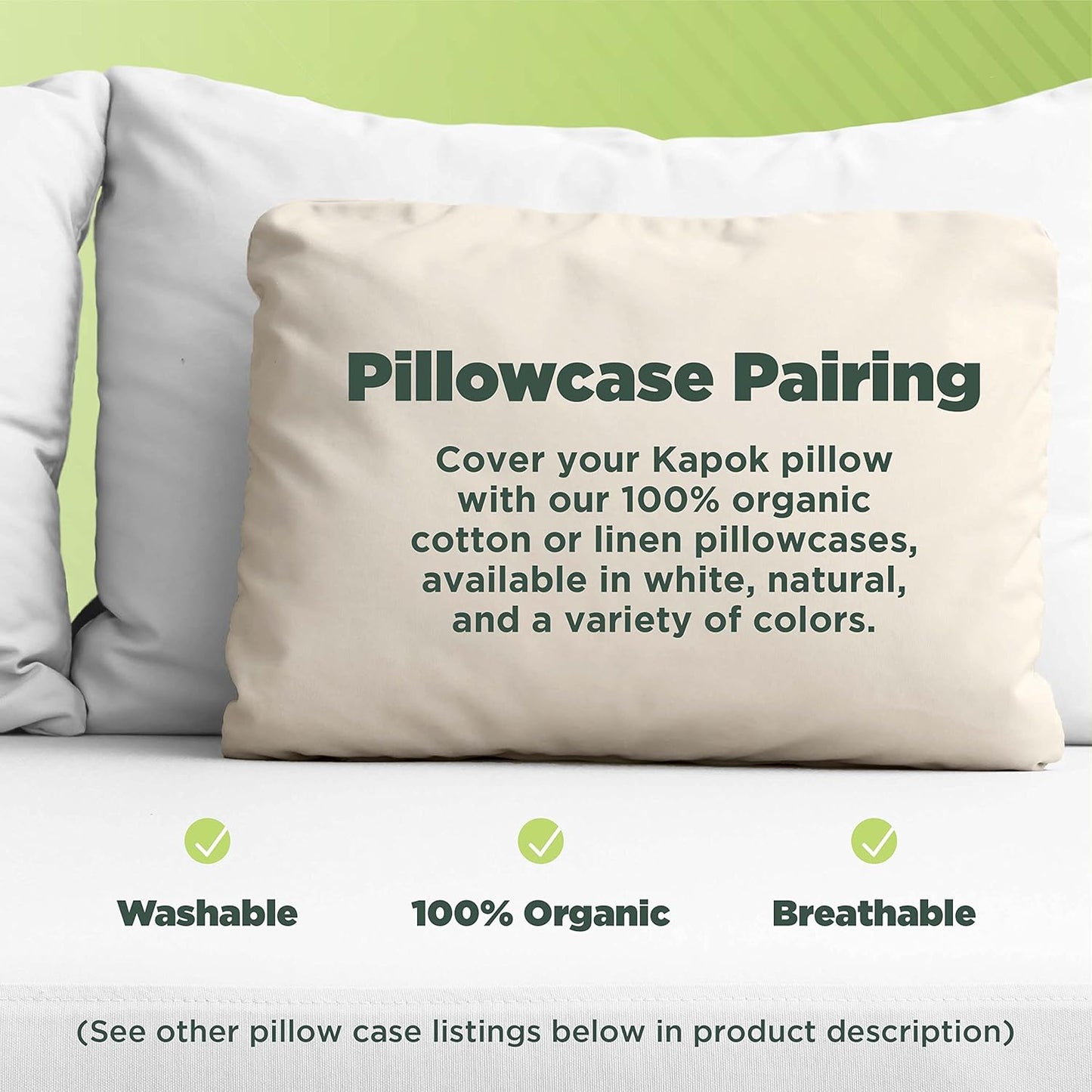 Bean Products Queen Organic Kapok Pillow + Natural Org Case - 20" x 30" - Organic Cotton Zippered Shell - Made in USA