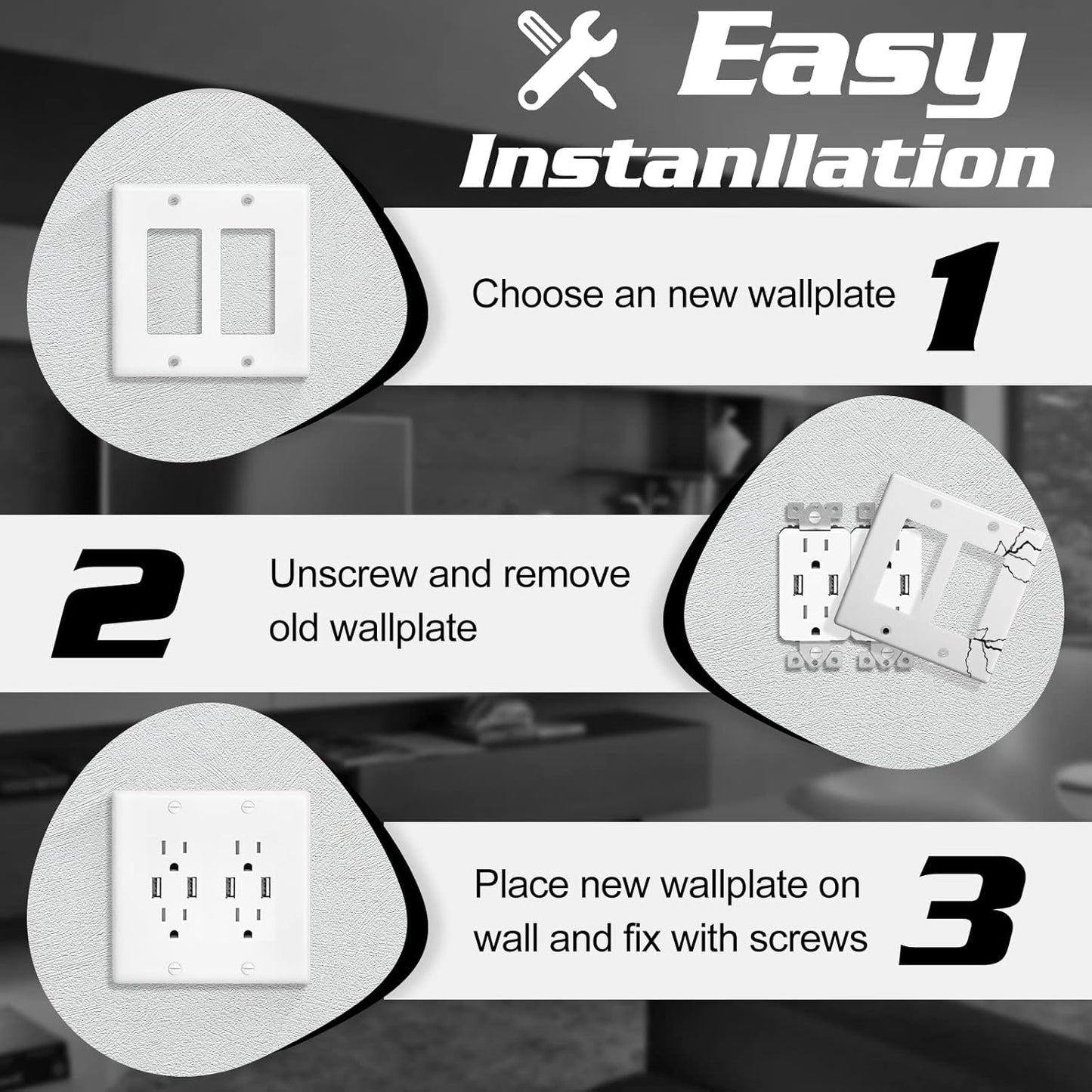 Decorator Wall Plate Double Gang Light Switch Plate Outlet Cover,Unbreakable Polycarbonate Thermoplastic, White (4-Pack, Double Decorator-White)