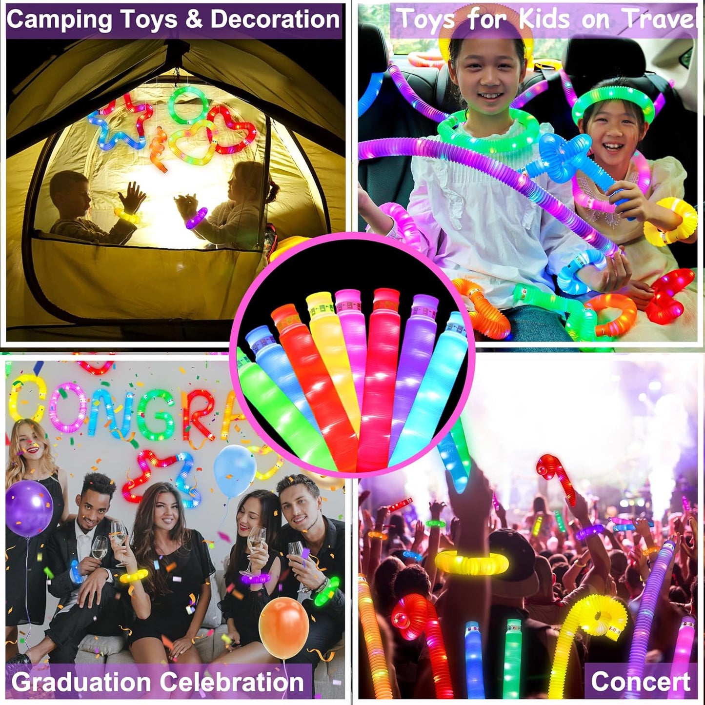 24 PCS Light Up Glow Pop Tubes, Neon Glow Sticks Party Favors for Kids 3-8-12, Fidget Stress Relief Toys, Toddlers Goodie Gift Bag Stuffer Fillers,Classroom Prizes Rewards, Party Yard Decorations