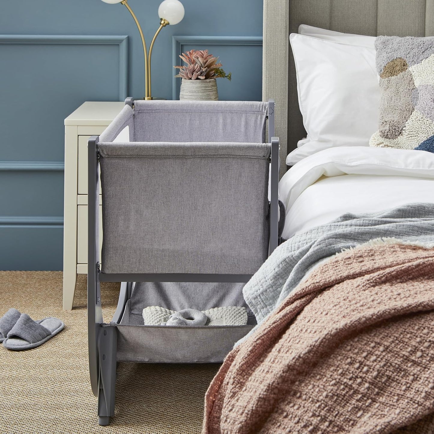 Air Lite Bedside Infant Crib | Breathable Mesh Sides, Drop-Down Panel, Reflux Incline, Adjustable Height, Compact Co-Sleeper Crib with Mattress - Grey