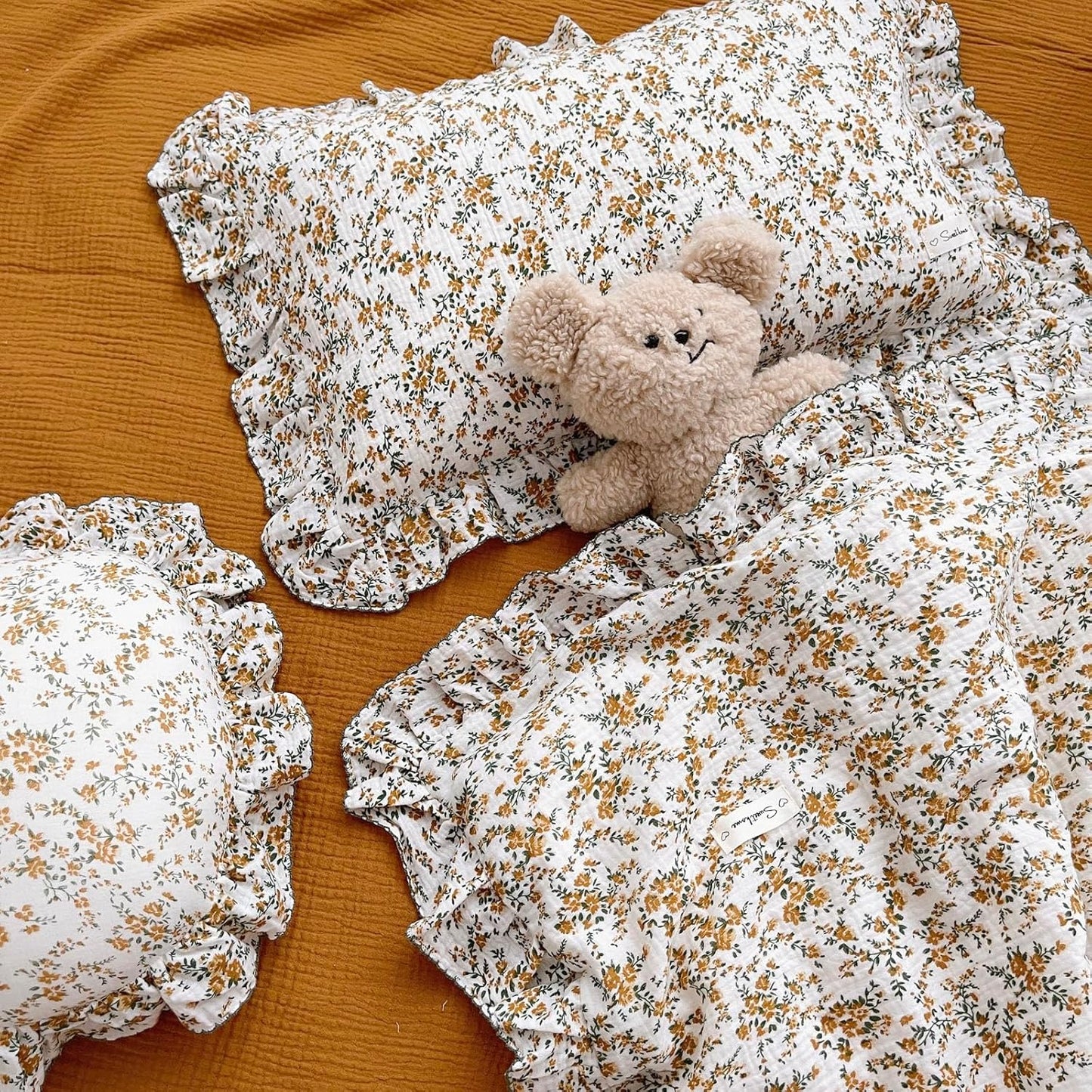 BuLuTu Cotton Muslin Ruffle Edge with Hibiscus Flowers Kids Toddler Pillowcase Soft Travel Pillow Nursery Pillowcase for Boys,Girls,Bedding Decor Machine Washable, Durable Pillowcase,1 Piece,Standard