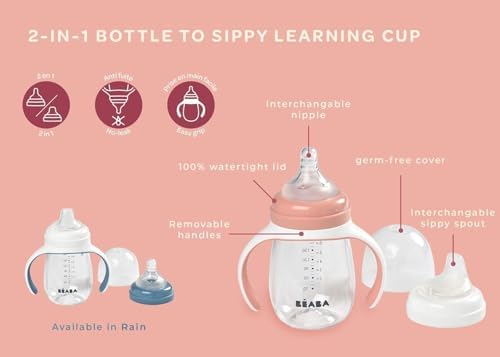 BEABA 2-in-1 Baby Bottle to Transition Sippy Cup, No Spill Sippy Cup, Includes - Image 2