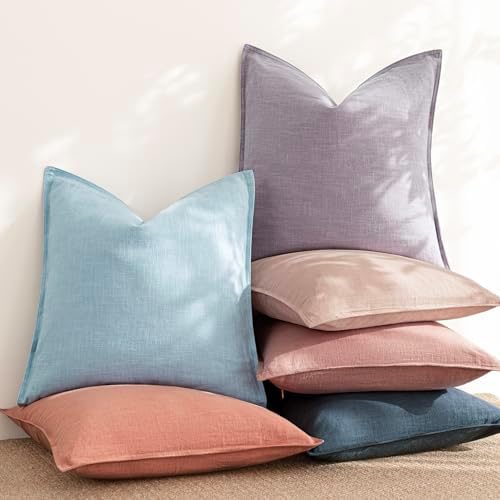 Foindtower Linen Solid Decorative Throw Pillow Covers 24x24 Inch Light Blue - Image 6