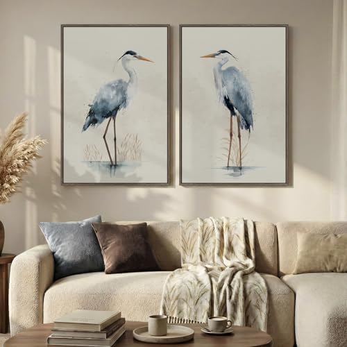 Large Framed Vintage Neutral Blue Heron Bird Wall Art, 2 Piece 24x36 In - Image 2