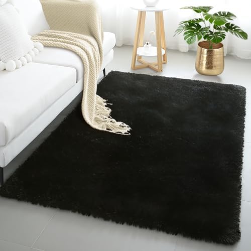 4x6 Black Fluffy Shag Rug for Bedroom, Plush Washable Carpet by KICHOWUA