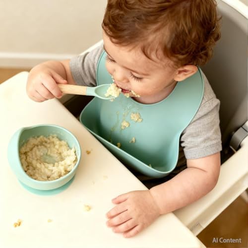 Ginbear Suction Baby Bowl Silicone Bib Spoon Set 6 M+ - Image 5