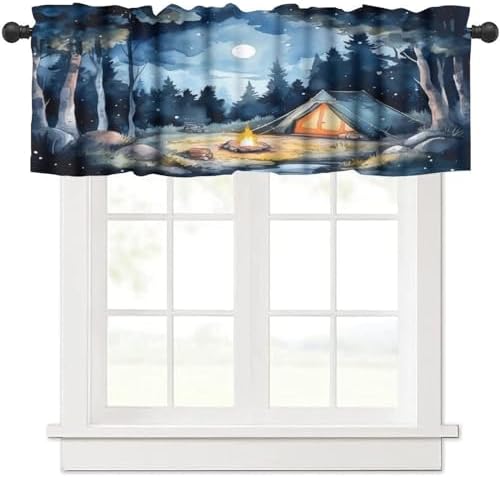 Forest Valance Curtain for Kitchen, Watercolor Mountain Forest Nature Tree by LOMADIA