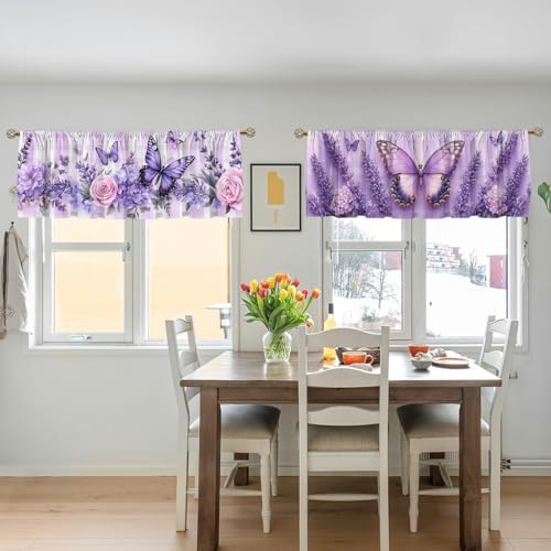 Lavender Valance Curtain for Windows 2 Pack Flowers Butterfly Gingham - Image 5