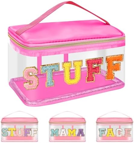 Iqimott Preppy Clear Makeup Bag Stuff Pouch, Chenille Letter Cosmetic Bag by Iqimott