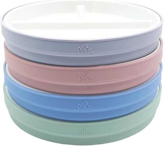 Elk and Friends Kids 7.8” Porcelain White Plates with Silicone Sleeves | Divided Plates | Suitable for Kids/Toddlers | Microwave & Dishwasher Safe | Non Slip | Snack Dishes…