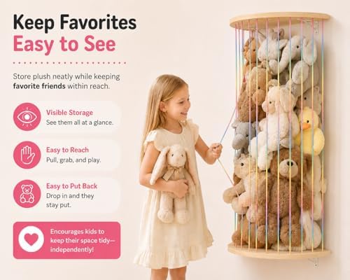 Stuffed Animal Storage Hammock Wooden Half Circle Design Wall Hanging Plush Toy - Image 2