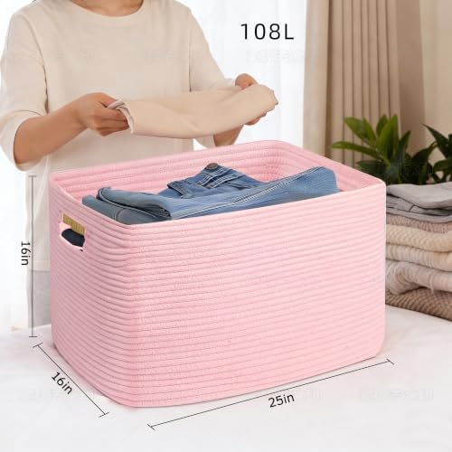 25"x16"x16" Rectangle Pink Woven Blanket Basket, Large Basket - Image 2