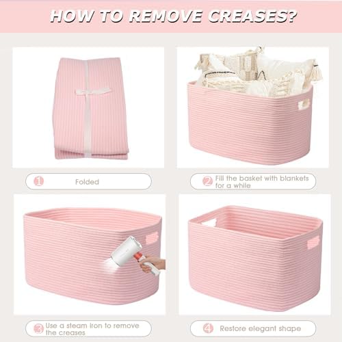 25"x16"x16" Rectangle Pink Woven Blanket Basket, Large Basket - Image 7