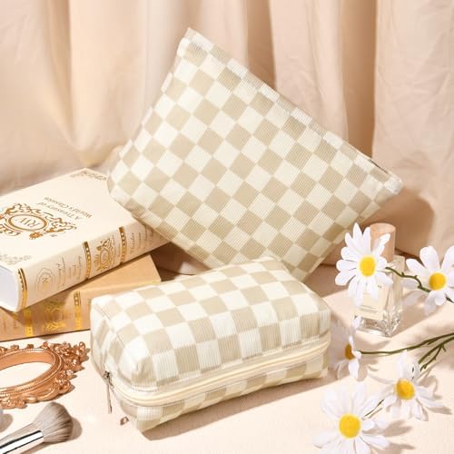 SOIDRAM 2 Pcs Checkered Makeup Bag Large Cosmetic Bag Toiletry Bag Makeup Pouch - Image 5