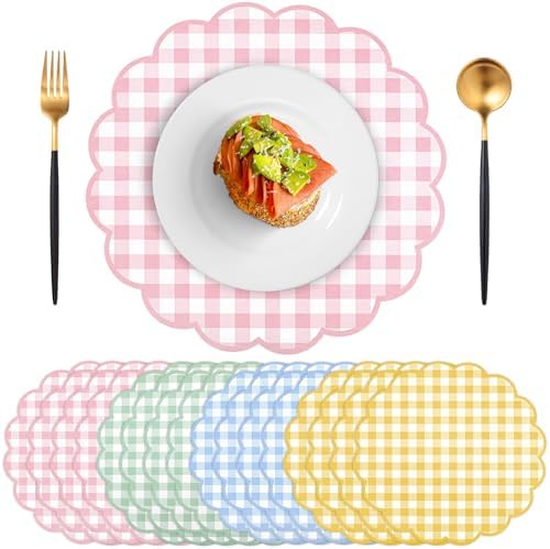 60Pcs Pastel Gingham Paper Placemats, 13.5 Inch Scalloped Checkered Placemat by NatNarr