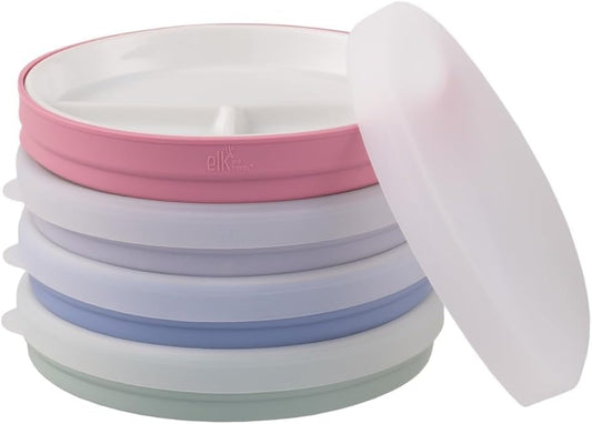 Elk and Friends Kids 6.7” Porcelain Divided Plates with Silicone Sleeves + Silicone Lids | Suitable for Babies/Kids/Toddlers | Microwave & Dishwasher Safe | Non Slip | Snack Dishes