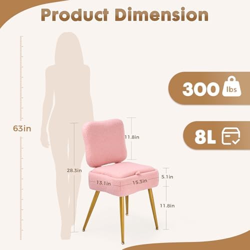 Pink Vanity Storage Chair with Back, Teddy Fleece Vanity Stool - Image 2