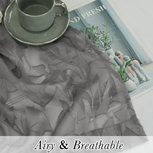 Lecloud Leia Charcoal Grey Sheer Curtains 16 Inch Length 2 Pcs, Jacquard Leaf - Image 2