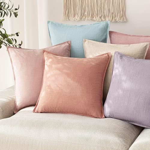 Foindtower Linen Solid Decorative Throw Pillow Covers 20x20 Inch Coral Pink - Image 5