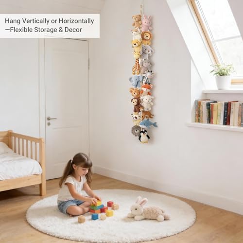 Mkono 2 Pack Hanging Stuffed Animal Storage Hanger Nursery Wall Decor Boho Wood - Image 2