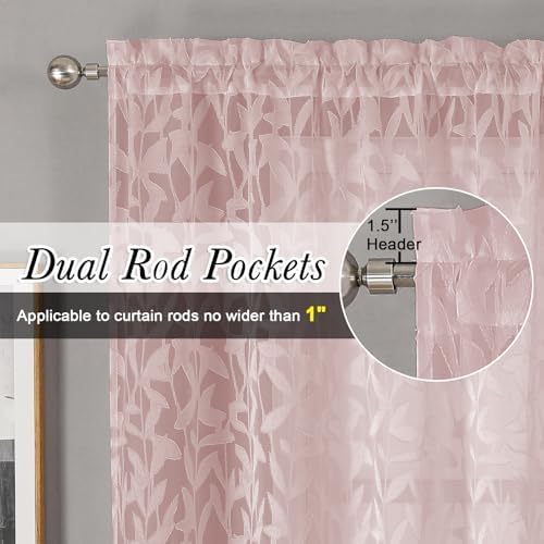 Lecloud Leia Blush Pink Sheer Curtains 72 Inches Long 2 Panels, Jacquard Leaf - Image 6