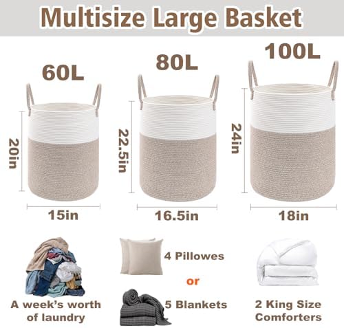 JMvicyroam 100L Cotton Rope Laundry Basket Hamper - Image 3