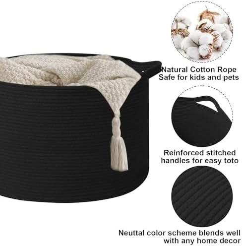 115L Extra Large Blanket Basket, Woven Rope Laundry Basket-Black - Image 3
