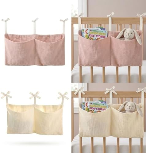 2pc Crib Organizer Hanging Storage Bag, Soft Muslin Bedside Nursery Caddy by Unknown