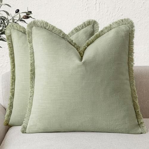 Foindtower Decorative Linen Fringe Throw Pillow Covers 16×16 Light Green by Foindtower