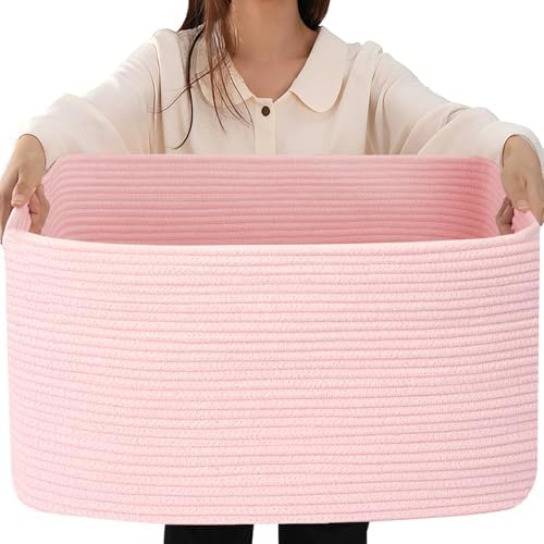 25"x16"x16" Rectangle Pink Woven Blanket Basket, Large Basket by Hobasket