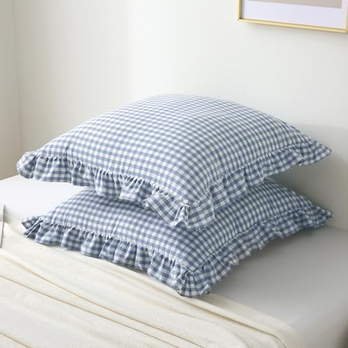 2PACK Dust Blue White Gingham Euro Pillow Shams 26''x26'' - Image 2