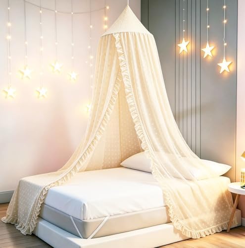 Mengesi Bed Canopy with Pom Pom- Lace Chiffon Canopy Bed Curtains, Ruffles by Mengersi