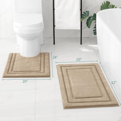 HOMEIDEAS Bathroom Rugs Sets 2 Piece, U-Shaped Toilet Rug Khaki - Image 2