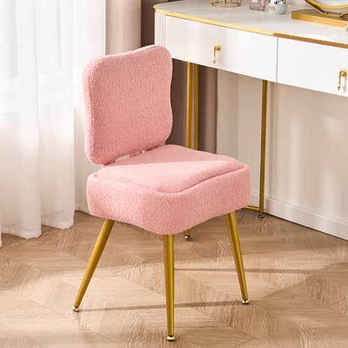 Pink Vanity Storage Chair with Back, Teddy Fleece Vanity Stool by YYWHOME