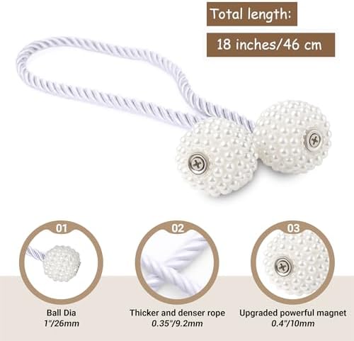 Hion Magnetic Curtain Tiebacks White 2pcs, Curtain Holdbacks Hooks Holders - Image 2