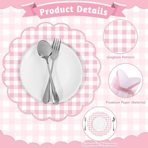 60Pcs Pastel Gingham Paper Placemats, 13.5 Inch Scalloped Checkered Placemat - Image 3