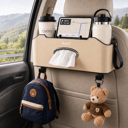 Back Seat Car Organizer with Cup Holders Tissue Box, Phone Stand and Hooks by MuTi-Design