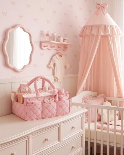 Blissful Diary Baby Diaper Caddy Organizer, Nursery Basket, Bow Light Pink - Image 2