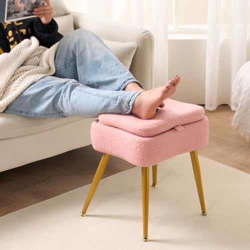 Pink Vanity Storage Chair with Back, Teddy Fleece Vanity Stool - Image 4