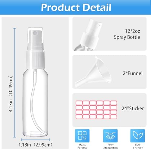 Zoizocp Spray Bottles, 2oz/50ml 12 Pack Clear Mini Travel Bottle Set - Image 3