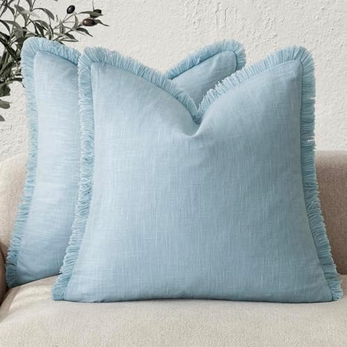 Foindtower Decorative Linen Fringe Throw Pillow Covers 20×20 Light Blue by Foindtower