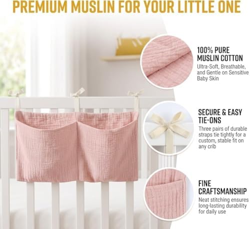 2pc Crib Organizer Hanging Storage Bag, Soft Muslin Bedside Nursery Caddy - Image 3